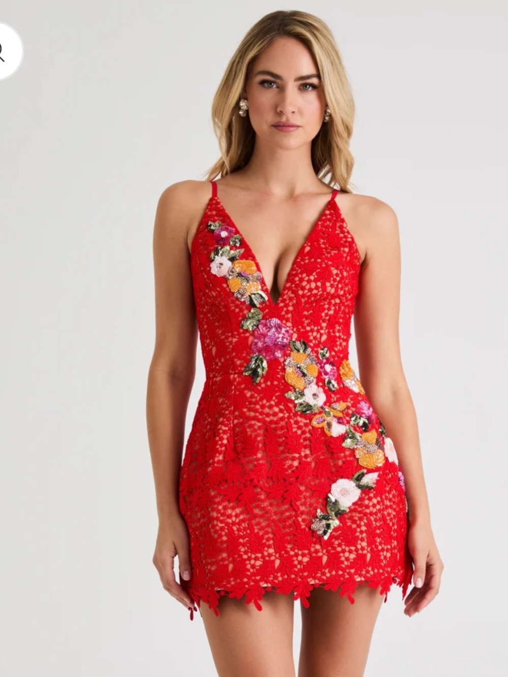 helsi chloe red lace deep v neck 3d floral applique mini party dress size XS NEW